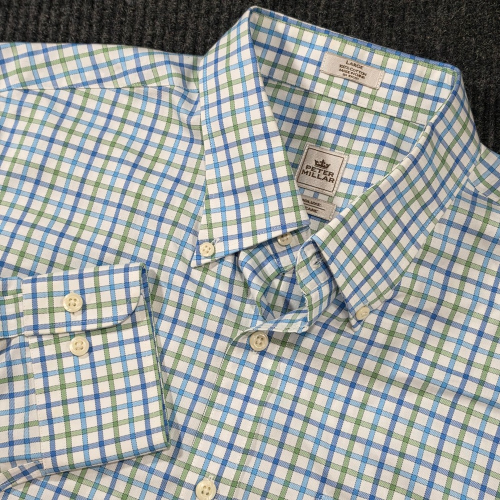 Peter‎ Millar Dress Shirt Mens Large Blue Green Excellent Nanoluxe Easy Care